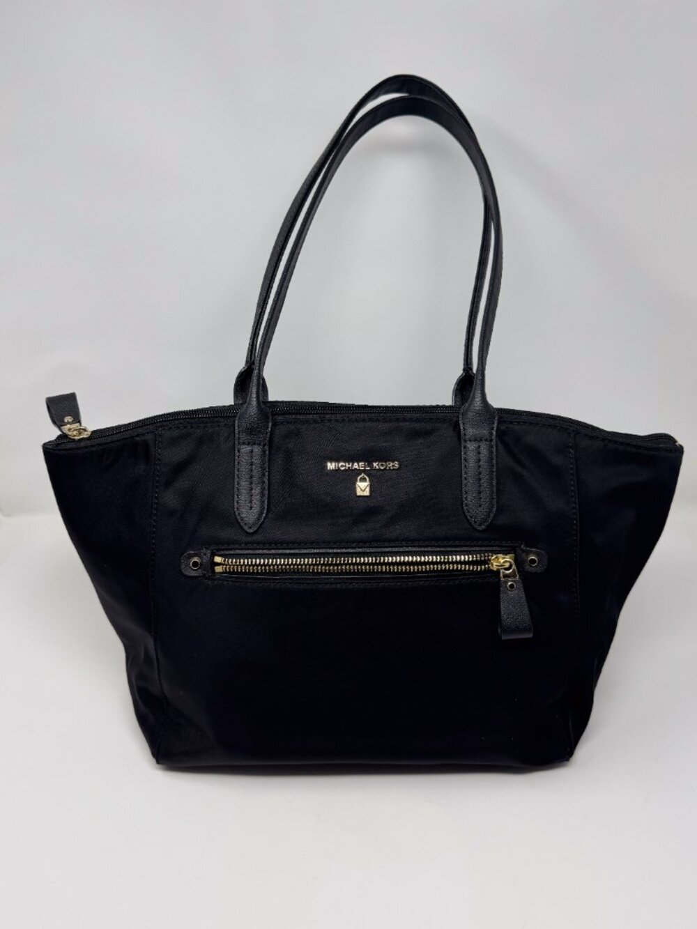 Michael Kors Black Nylon Tote Bag Gold Hardware Zip Top Shoulder Purse Large Wor